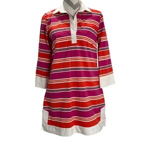 Tizzie Striped Colorful Cotton Tunic Mini Dress Collared 3/4 Sleeve Pockets